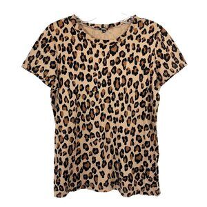 Monrow Brown Leopard Print Short Sleeve Shirt Crewneck Cotton - Size Medium